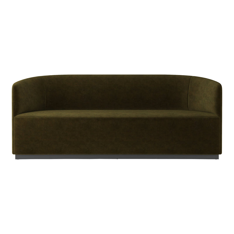 Olive green velvet sofa with a smooth, solid fabric and modern curved design. Perfect for contemporary interiors.