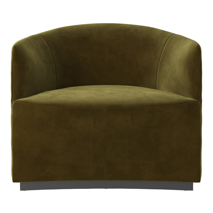 Olive green velvet armchair with a smooth, curved silhouette and minimalist design. Ideal for modern decor.