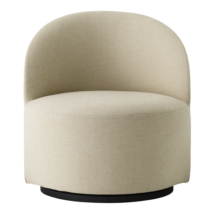 Beige fabric accent chair with a smooth round shape and black base, perfect for modern decor.