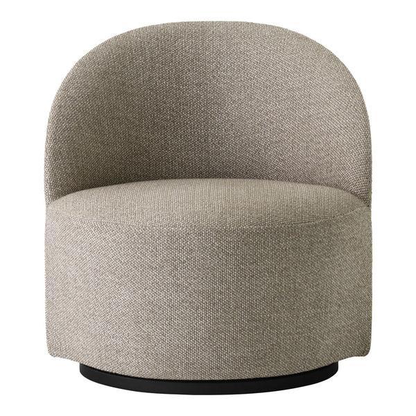 Beige upholstered chair with a textured pattern and round shape on a black base.
