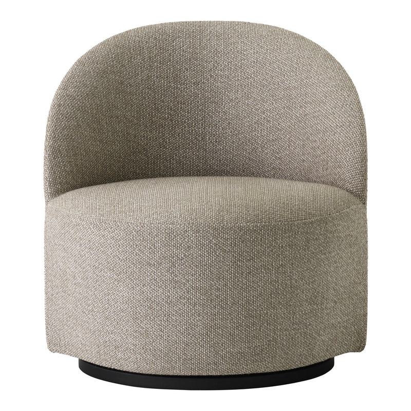 Beige upholstered chair with a textured pattern and round shape on a black base.