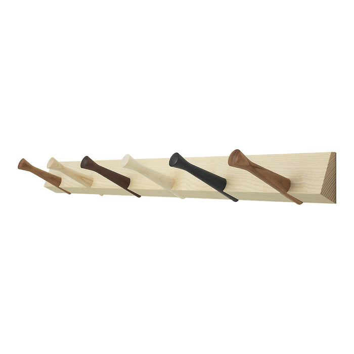 Wooden wall hook rack featuring natural wood tones with dark brown, light brown, cream, and black accents.