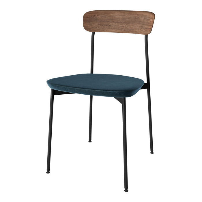 "Modern chair in deep teal fabric seat with natural wood backrest and sleek black metal legs."