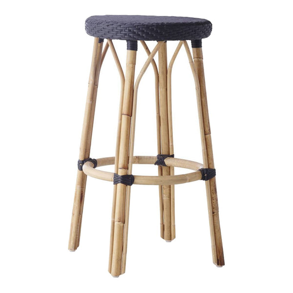 Black woven seat on natural bamboo frame, featuring a minimalist design and contrasting colors. Perfect for modern spaces.