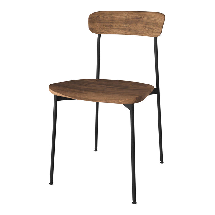 Wooden chair with a warm brown finish and sleek black metal legs for a modern, minimalist look.