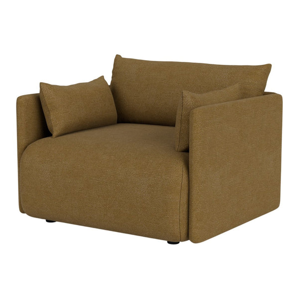 Brown fabric armchair with minimalist design and soft cushions, ideal for cozy living spaces.