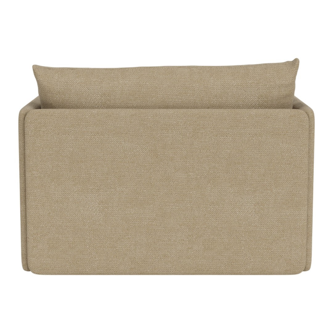 Beige upholstered sofa with a smooth texture and minimalist design, featuring a solid color and a simple pattern.