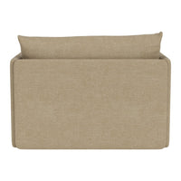 Beige upholstered sofa with a smooth texture and minimalist design, featuring a solid color and a simple pattern.