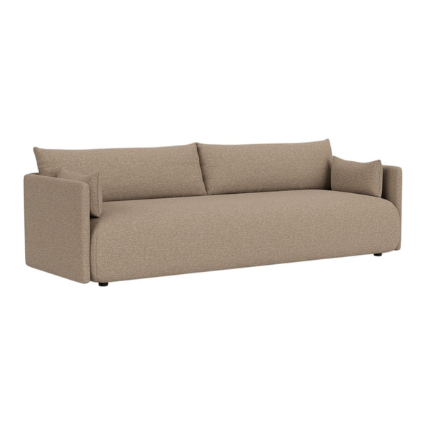 Beige modern sofa with a minimalist design and smooth, textured fabric. Ideal for contemporary living spaces.