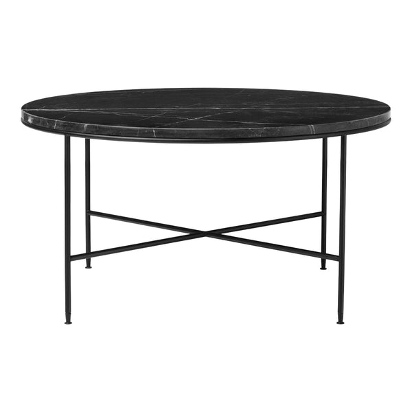 Round black marble table with sleek black metal legs and a minimalist design. Ideal for modern decor.