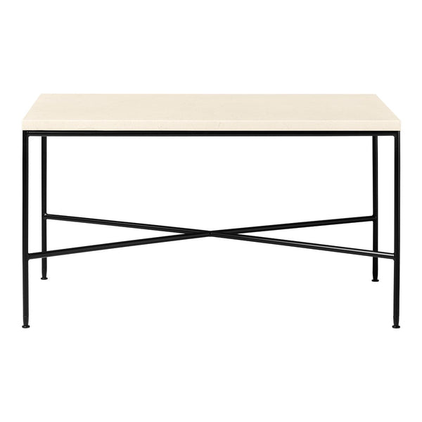 Modern rectangular table with a cream top and black metal legs, featuring a minimalist design and clean lines.
