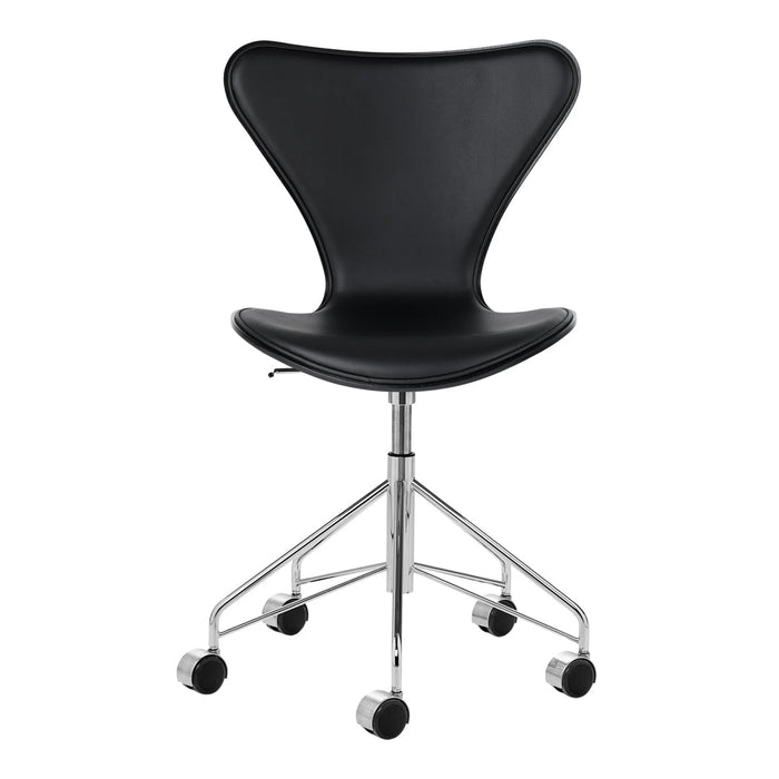 Black modern swivel chair with a sleek design and chrome base, featuring a smooth, curved silhouette.