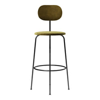 Olive green velvet bar stool with a sleek black metal frame and minimalist design. Modern, stylish, and versatile.