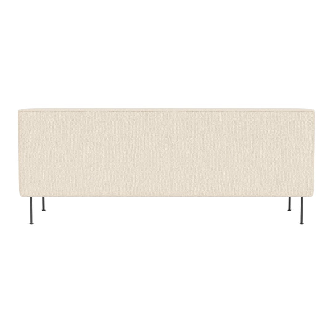 Beige modern couch with a sleek design and black metal legs, featuring a smooth, solid color pattern.