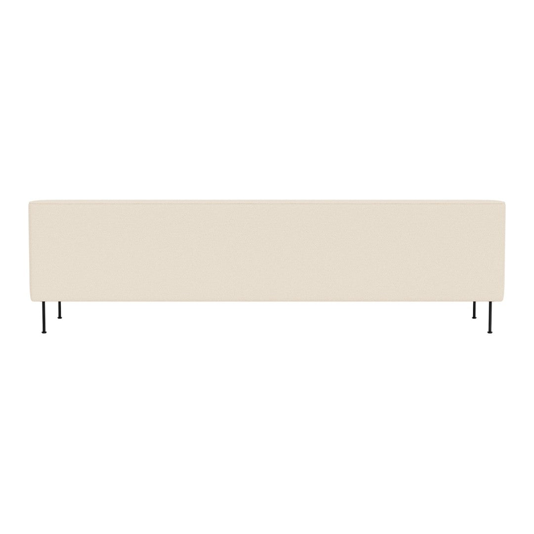 Beige upholstered sofa with a smooth, minimalist design and sleek metal legs. Perfect for modern interiors.