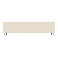 Beige upholstered sofa with a smooth, minimalist design and sleek metal legs. Perfect for modern interiors.