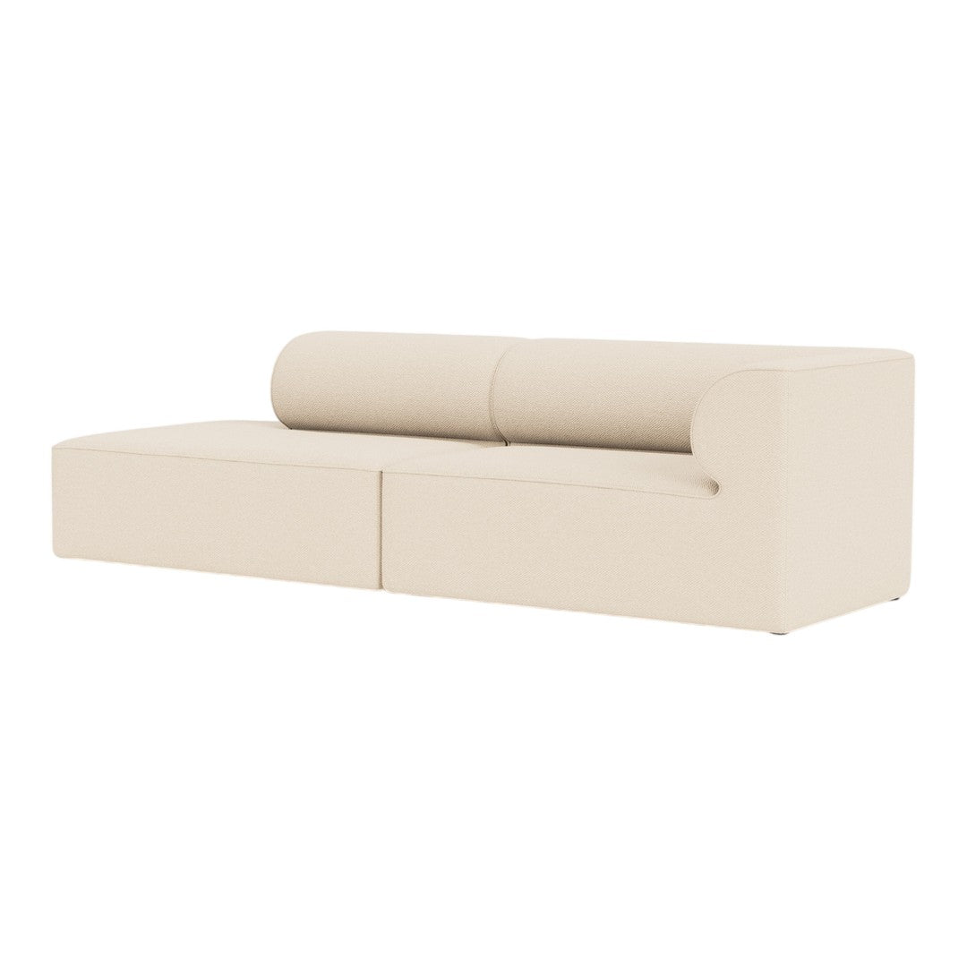 Beige modern sofa with smooth, minimalistic design and rounded backrest, ideal for contemporary living spaces.
