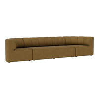 Brown upholstered sofa with a sleek, curved design and distinct tufted detailing. Perfect for modern interiors.