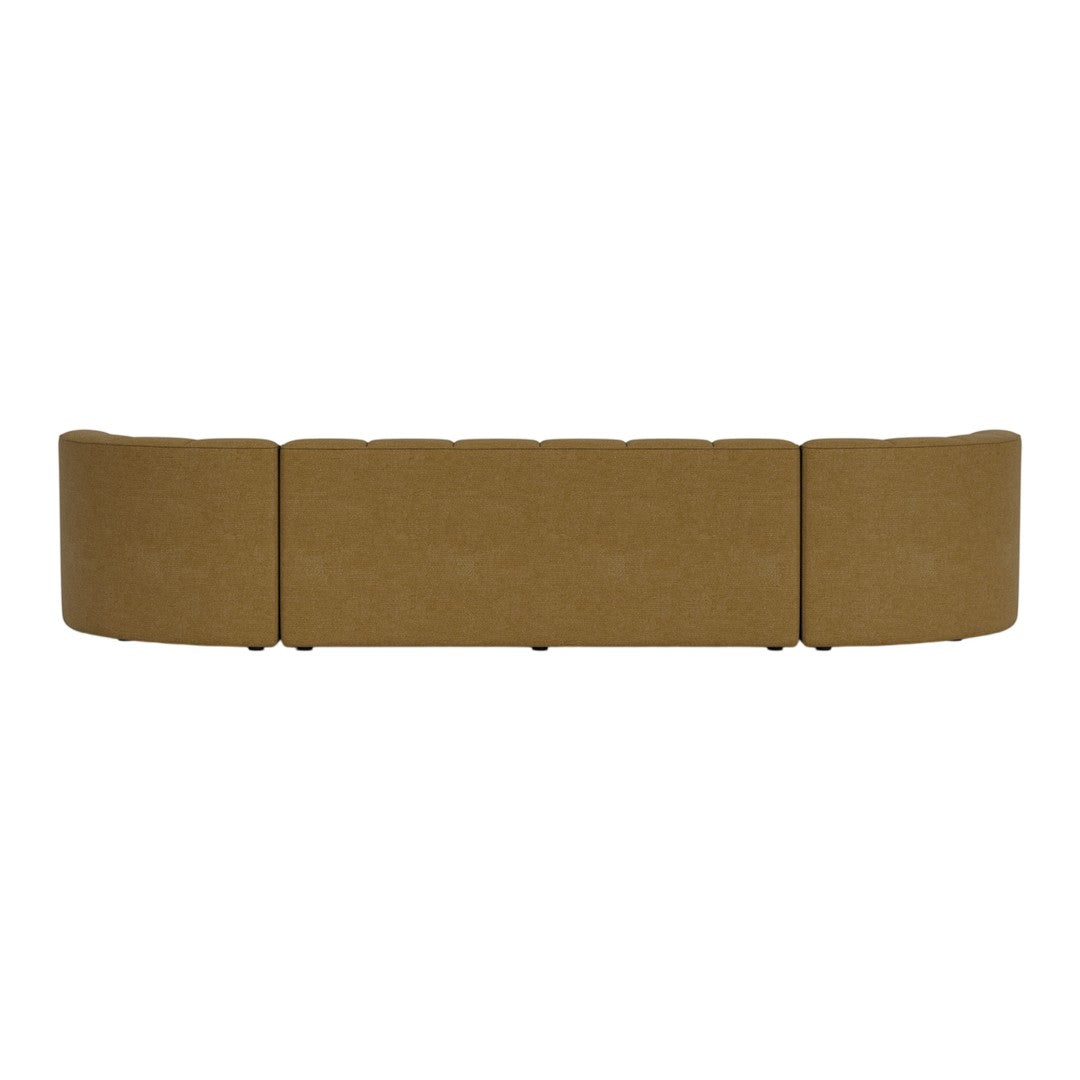 Curved sofa upholstered in warm tan fabric with subtle texture, perfect for modern living spaces.
