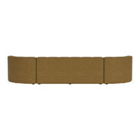 Curved sofa upholstered in warm tan fabric with subtle texture, perfect for modern living spaces.
