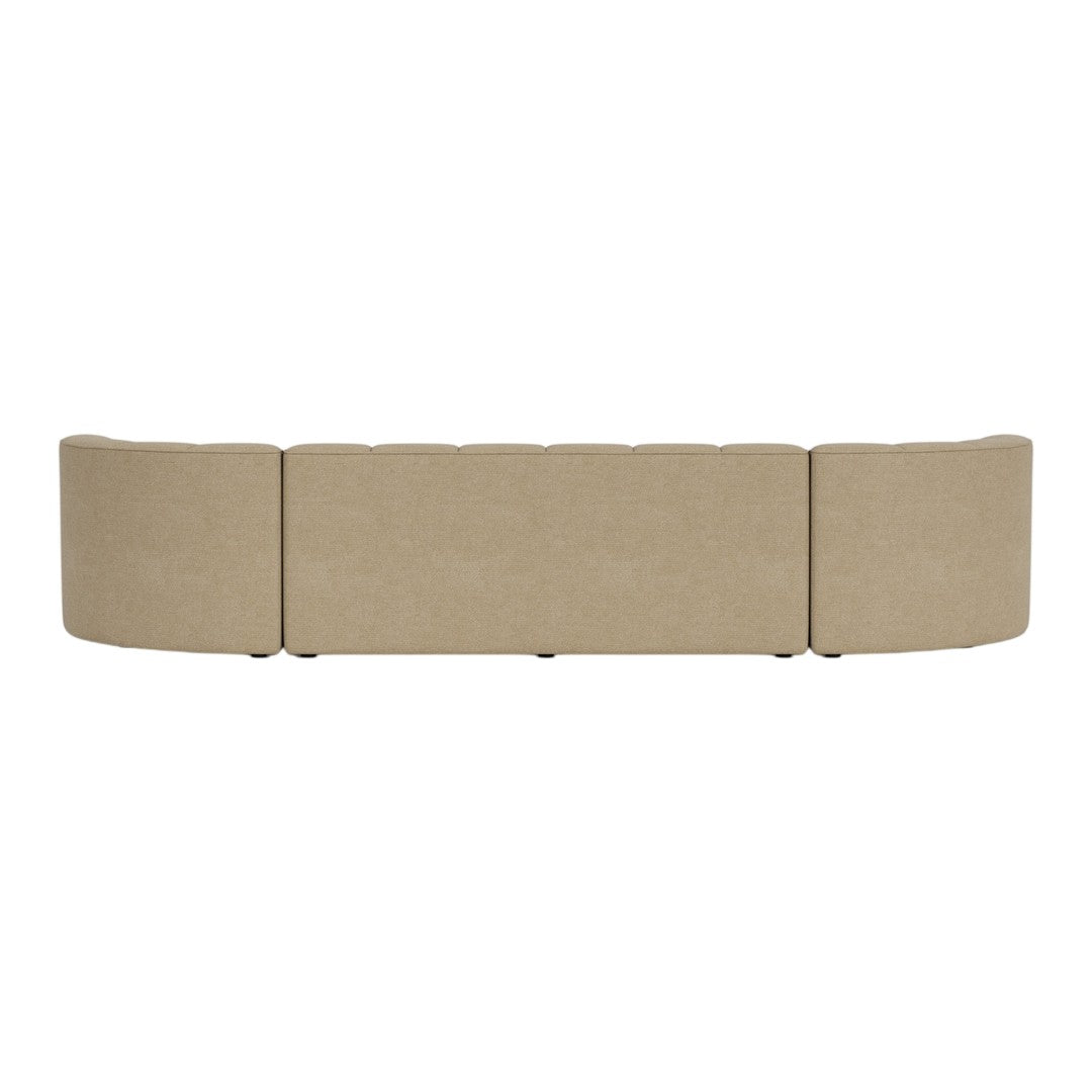 Beige curved sofa with a textured fabric and clean lines, perfect for modern living spaces.