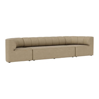 Beige curved sofa with horizontal tufted pattern, suitable for modern living spaces.