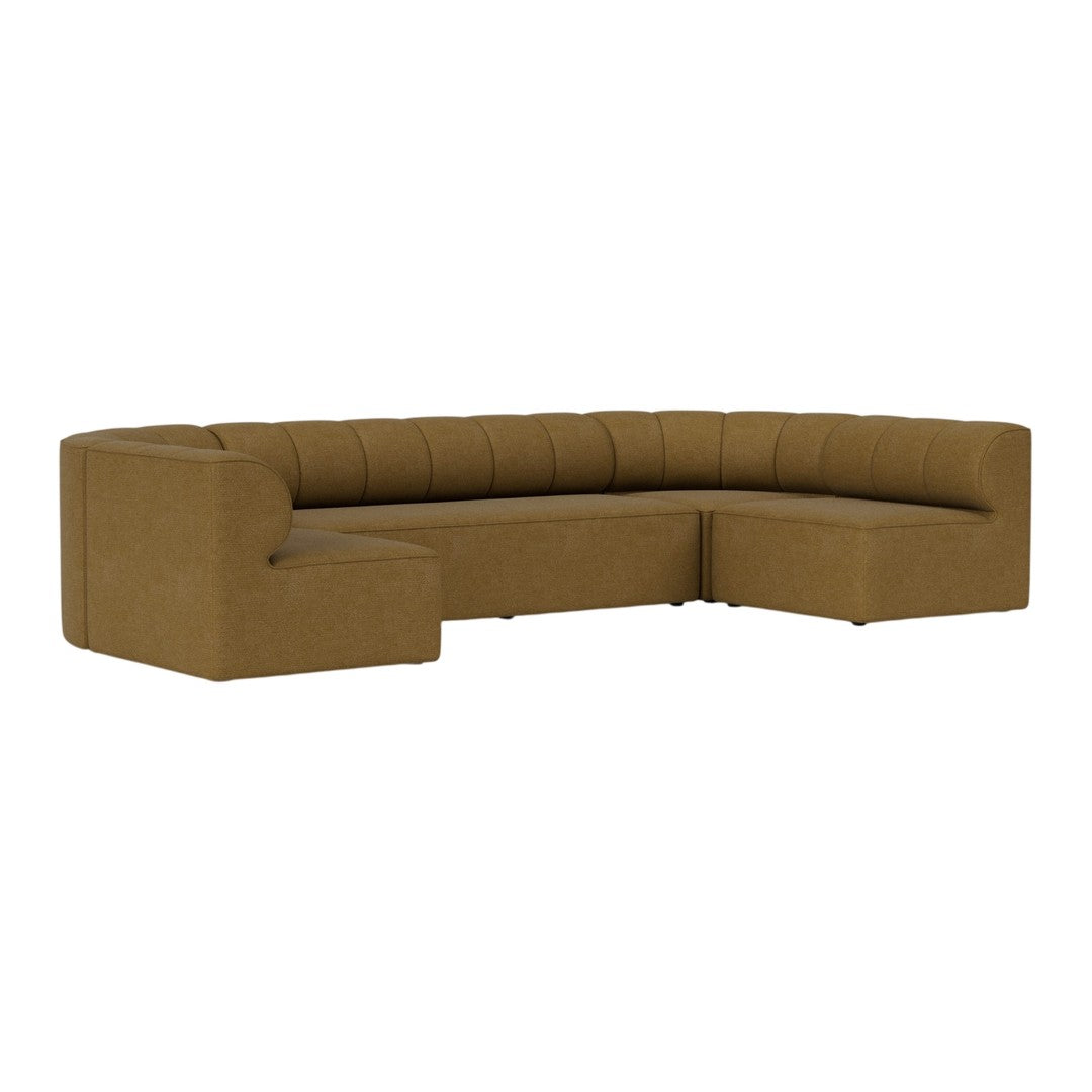 Brown curved sectional sofa with a smooth, upholstered finish and subtle tufted detailing. Perfect for modern living spaces.