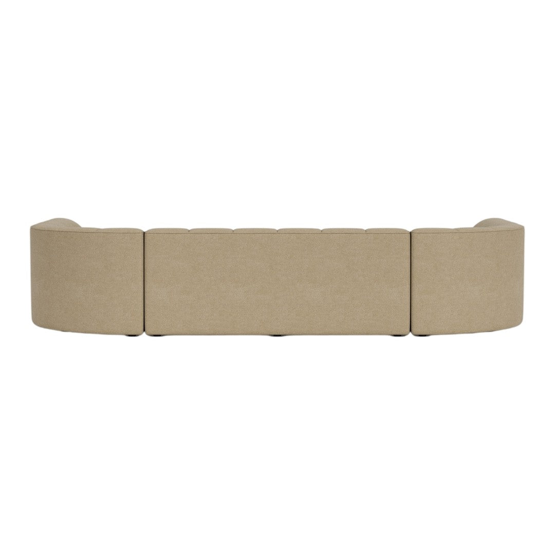 Beige curved sofa with a smooth, seamless texture, featuring a minimalist design for modern decor.