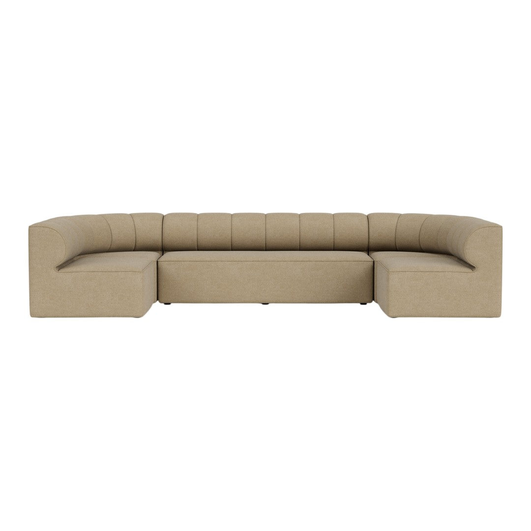 Beige contemporary sofa with subtle vertical tufting, featuring a clean, minimalist design. Perfect for modern interiors.