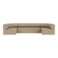 Beige contemporary sofa with subtle vertical tufting, featuring a clean, minimalist design. Perfect for modern interiors.