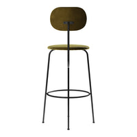 Olive green modern bar stool with sleek black metal legs and minimalist design. Ideal for contemporary decor.