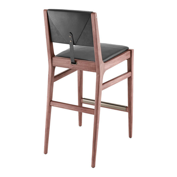 Black leather seat and backrest with a natural wood frame, featuring a sleek, minimalistic design.