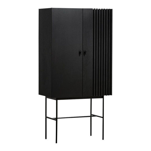 Black vertical slatted cabinet with sleek lines and a minimalist design, featuring a matte finish and black metal legs.
