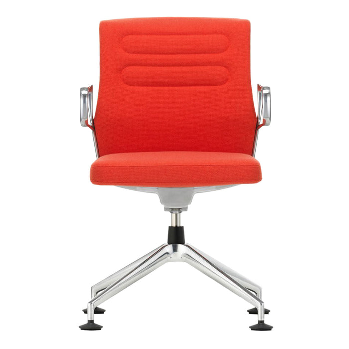 Red upholstered swivel chair with vertical panel detailing and chrome base. Perfect for modern office decor.