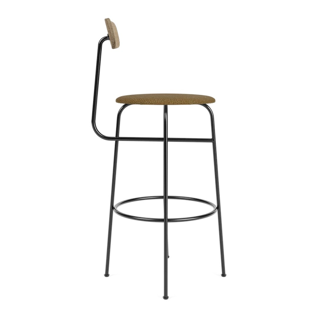 Black metal bar stool with a natural wood seat and backrest, showcasing a sleek, minimalist design.