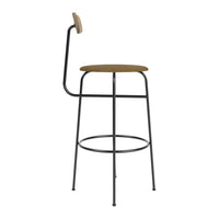 Black metal bar stool with a natural wood seat and backrest, showcasing a sleek, minimalist design.