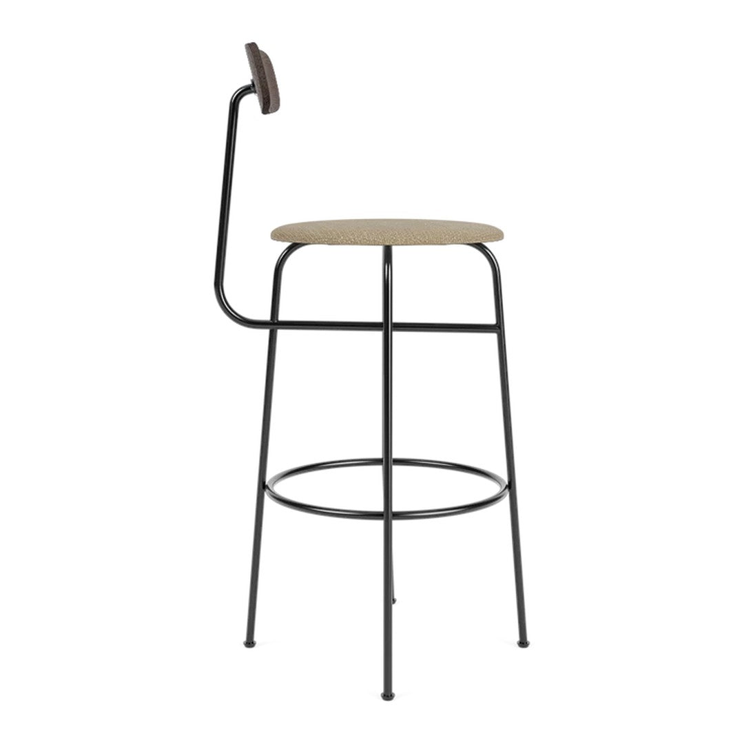 Black metal bar stool with a natural wood seat and curved backrest, offering a sleek, minimalist design.