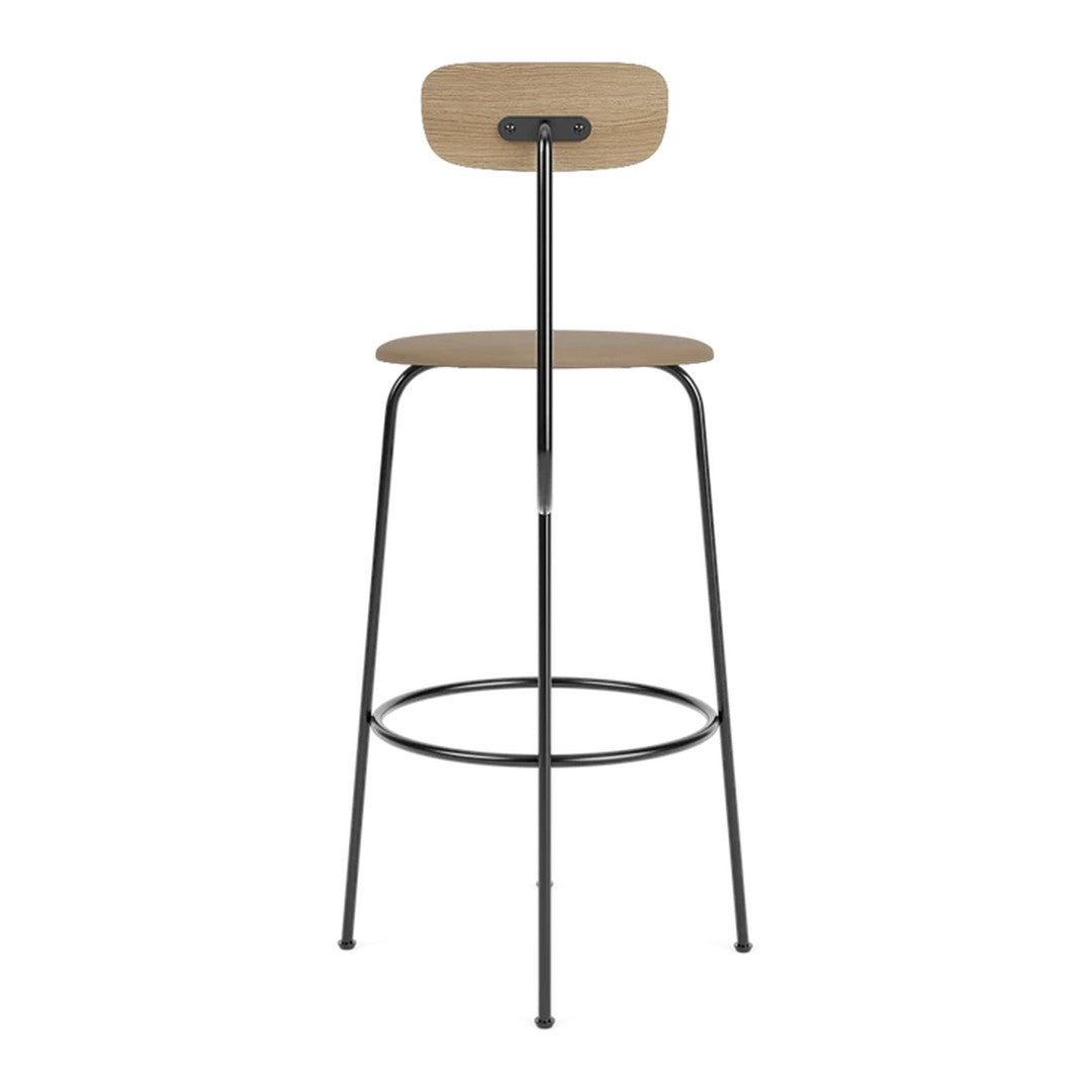 Wooden bar stool with a natural wood seat and backrest, featuring a black metal frame for a modern look.