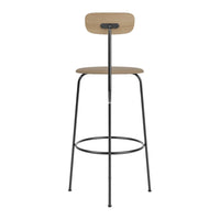 Wooden bar stool with a natural wood seat and backrest, featuring a black metal frame for a modern look.