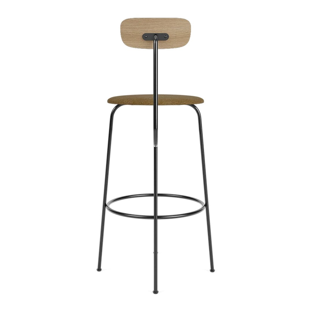 "Modern barstool with a natural wood seat and sleek black metal frame, featuring minimalistic design and clean lines."