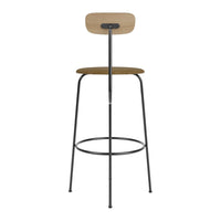 "Modern barstool with a natural wood seat and sleek black metal frame, featuring minimalistic design and clean lines."