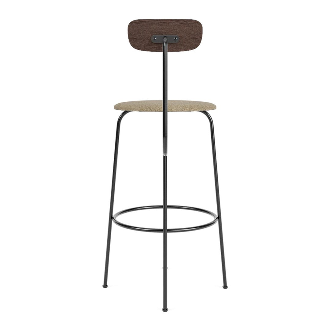 Modern bar stool featuring a natural wood seat and dark brown backrest with sleek black metal legs.