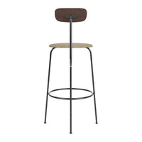 Modern bar stool featuring a natural wood seat and dark brown backrest with sleek black metal legs.