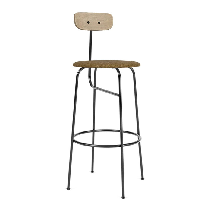 Wooden bar stool with a natural wood seat and backrest, featuring sleek black metal legs for a modern look.