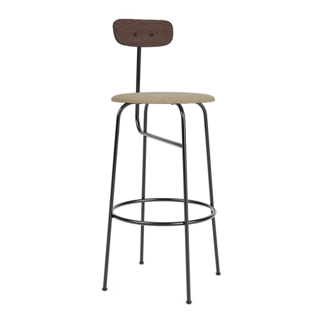 Tall bar stool with a natural wood seat and dark metal frame, featuring a simple, modern design.