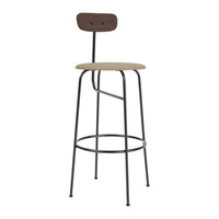 Tall bar stool with a natural wood seat and dark metal frame, featuring a simple, modern design.