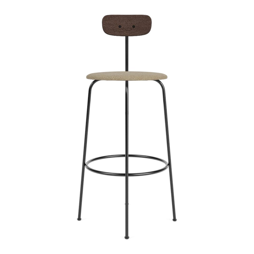 Tall bar stool with a natural wood seat, dark brown backrest, and sleek black metal legs for a modern aesthetic.