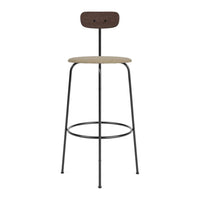Tall bar stool with a natural wood seat, dark brown backrest, and sleek black metal legs for a modern aesthetic.