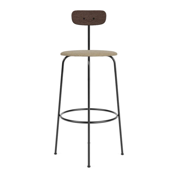 Tall bar stool with a natural wood seat, dark brown backrest, and sleek black metal legs for a modern aesthetic.