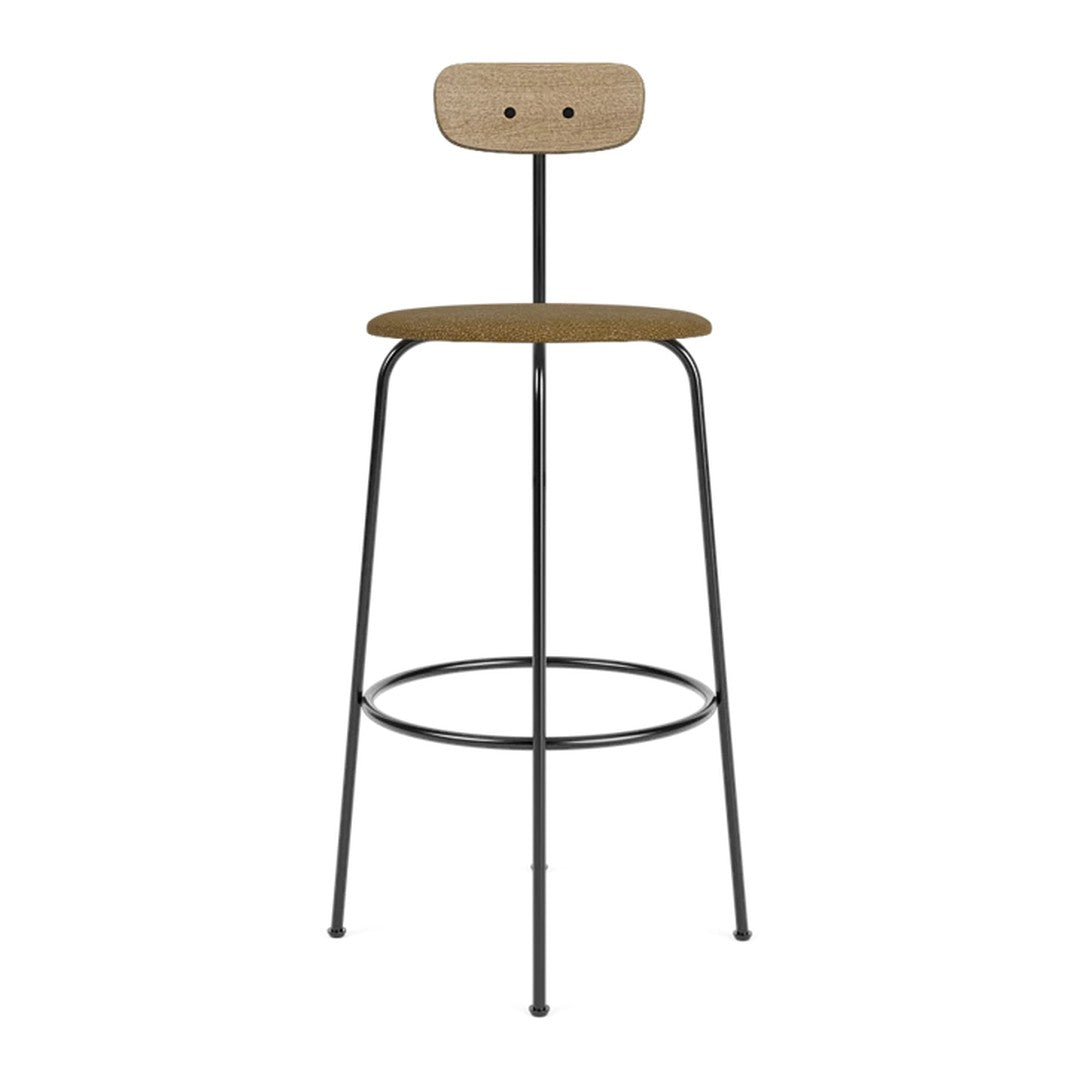 Wooden bar stool with a light brown seat and backrest, contrasted by sleek black metal legs. Modern minimalist design.
